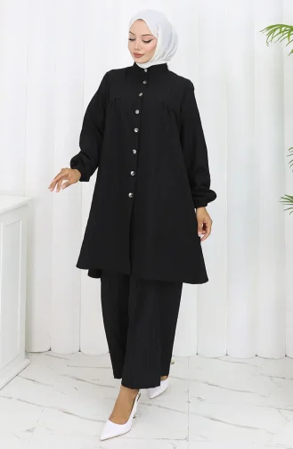 Boydan Düğmeli Tunik Pantolon İkili Takım 2108-05 Siyah