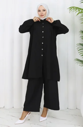 Boydan Düğmeli Tunik Pantolon İkili Takım 2108-05 Siyah