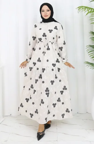 فستان كتان نصف أزرار 2099-01 بيج أسود 2099-01