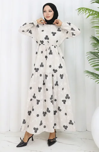 فستان كتان نصف أزرار 2099-01 بيج أسود 2099-01