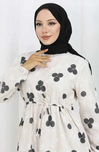 فستان كتان نصف أزرار 2099-01 بيج أسود 2099-01