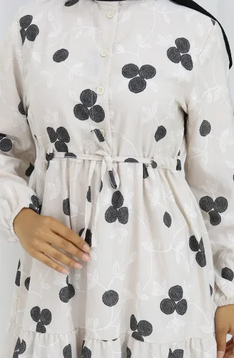 فستان كتان نصف أزرار 2099-01 بيج أسود 2099-01