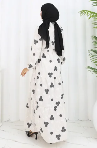 فستان كتان نصف أزرار 2099-01 بيج أسود 2099-01