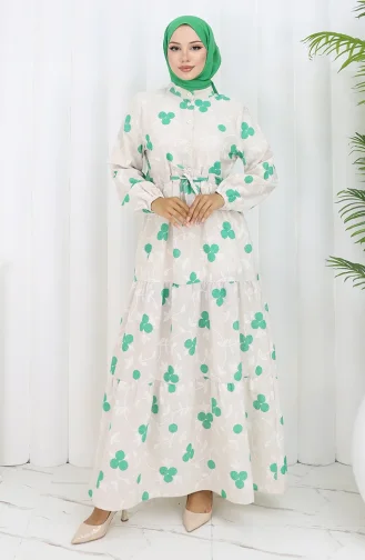 Half Buttoned Linen Dress 2099-03 Beige Green 2099-03