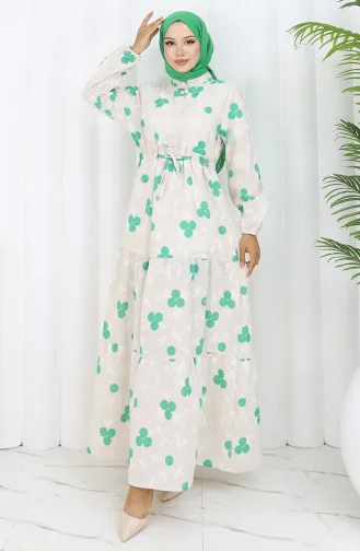 Half Buttoned Linen Dress 2099-03 Beige Green 2099-03