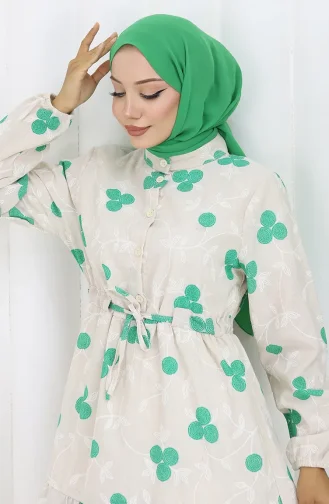 Half Buttoned Linen Dress 2099-03 Beige Green 2099-03