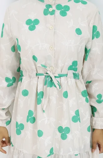 Half Buttoned Linen Dress 2099-03 Beige Green 2099-03