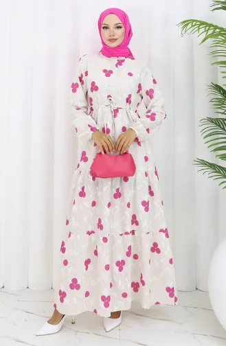 Half-Buttoned Linen Dress 2099-04 Beige Fuchsia 2099-04