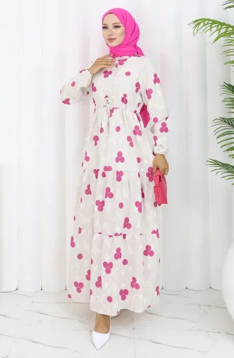 Half-Buttoned Linen Dress 2099-04 Beige Fuchsia 2099-04