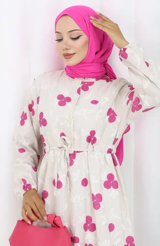 Half-Buttoned Linen Dress 2099-04 Beige Fuchsia 2099-04