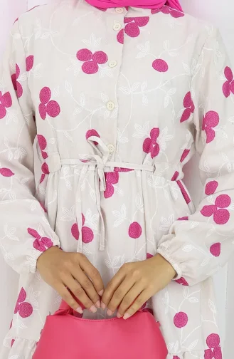 Half-Buttoned Linen Dress 2099-04 Beige Fuchsia 2099-04