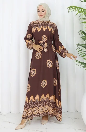 Desenli Kuşaklı Elbise 2104-04 Kahverengi