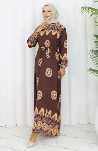 Desenli Kuşaklı Elbise 2104-04 Kahverengi