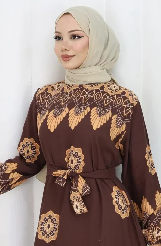 Desenli Kuşaklı Elbise 2104-04 Kahverengi