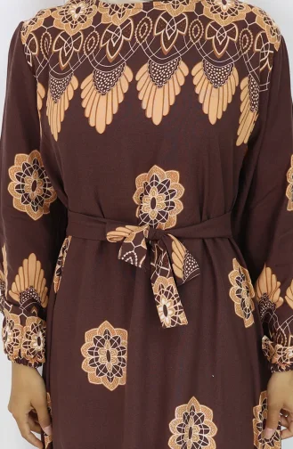 Desenli Kuşaklı Elbise 2104-04 Kahverengi