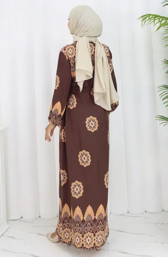 Desenli Kuşaklı Elbise 2104-04 Kahverengi