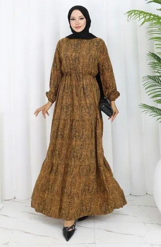 Gemustertes Kleid Mit Bindegürtel 2107-01 Braun 2107-01