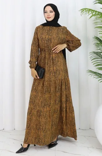 Gemustertes Kleid Mit Bindegürtel 2107-01 Braun 2107-01