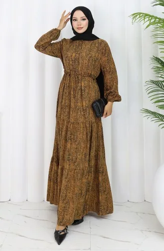 Gemustertes Kleid Mit Bindegürtel 2107-01 Braun 2107-01