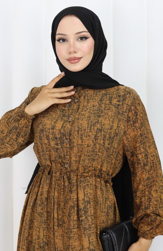 Beli Bağcıklı Desenli Elbise 2107-01 Kahverengi
