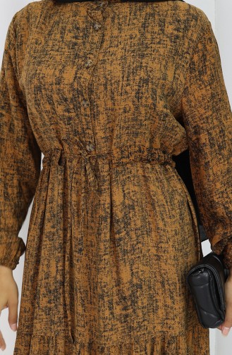 Beli Bağcıklı Desenli Elbise 2107-01 Kahverengi