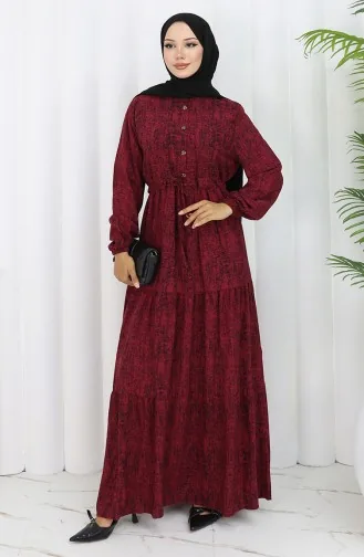 Gemustertes Kleid Mit Bindegürtel 2107-02 Burgund 2107-02