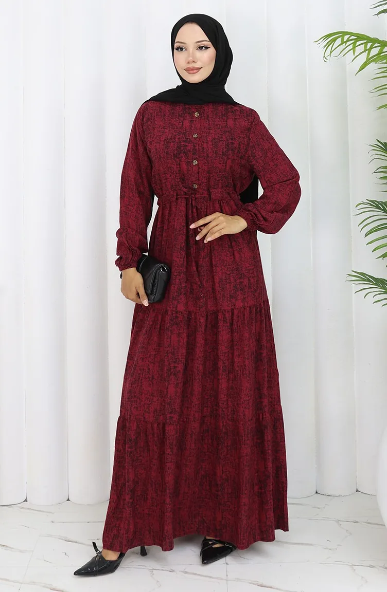 Gemustertes Kleid Mit Bindegürtel 2107-02 Burgund 2107-02