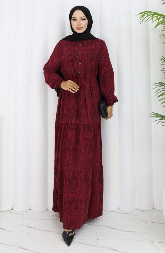 Beli Bağcıklı Desenli Elbise 2107-02 Bordo