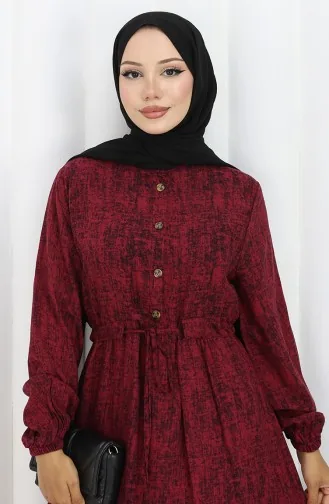 Gemustertes Kleid Mit Bindegürtel 2107-02 Burgund 2107-02