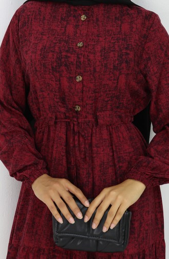Beli Bağcıklı Desenli Elbise 2107-02 Bordo