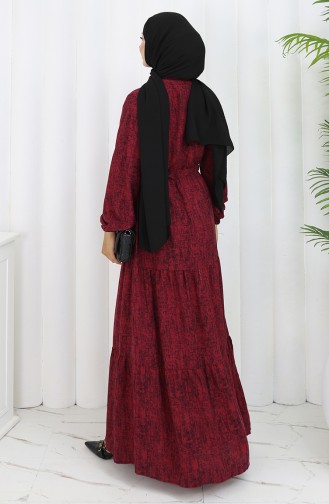 Beli Bağcıklı Desenli Elbise 2107-02 Bordo