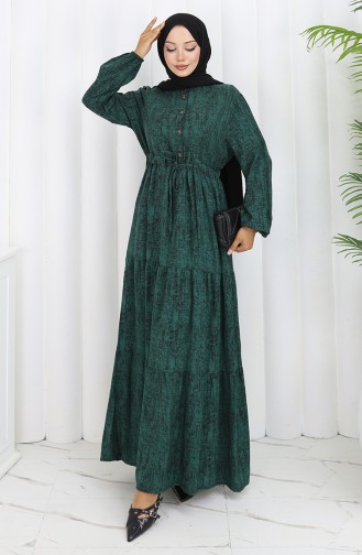Beli Bağcıklı Desenli Elbise 2107-03 Yeşil