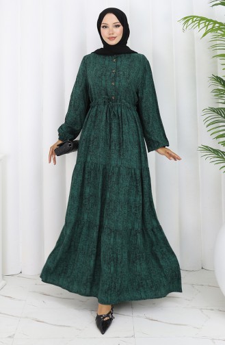 Beli Bağcıklı Desenli Elbise 2107-03 Yeşil