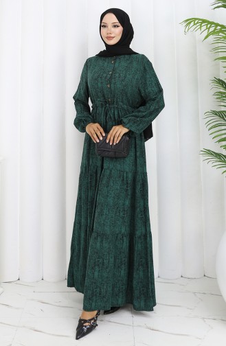 Beli Bağcıklı Desenli Elbise 2107-03 Yeşil
