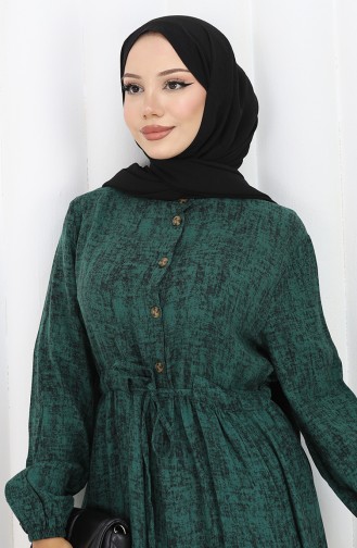 Beli Bağcıklı Desenli Elbise 2107-03 Yeşil