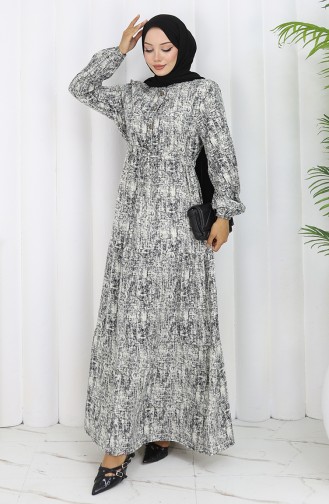 Beli Bağcıklı Desenli Elbise 2107-04 Siyah