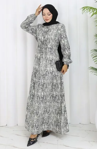 Gemustertes Kleid Mit Bindegürtel 2107-04 Schwarz 2107-04