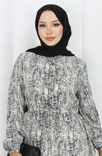 Beli Bağcıklı Desenli Elbise 2107-04 Siyah