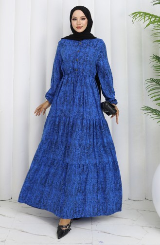Beli Bağcıklı Desenli Elbise 2107-05 Saks