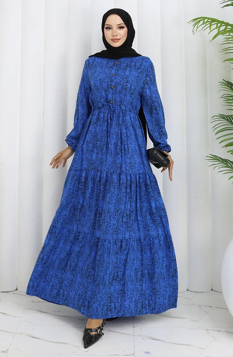 Gemustertes Kleid Mit Bindeband An Der Taille 2107-05 Saks 2107-05