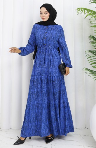 Beli Bağcıklı Desenli Elbise 2107-05 Saks