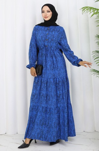 Beli Bağcıklı Desenli Elbise 2107-05 Saks