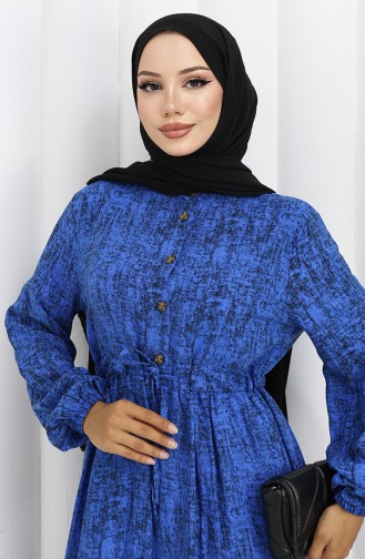 Beli Bağcıklı Desenli Elbise 2107-05 Saks