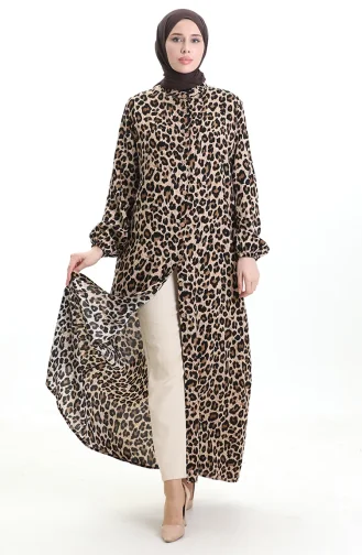 فستان بأزرار بطبعة جلد النمر 0122-01 أسود بيج 0122-01