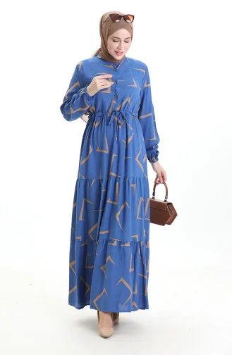فستان منقوش بأزرار وخصر مربوط 2109-03 أزرق بيج 2109-03