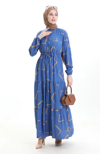 فستان منقوش بأزرار وخصر مربوط 2109-03 أزرق بيج 2109-03