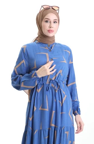 فستان منقوش بأزرار وخصر مربوط 2109-03 أزرق بيج 2109-03