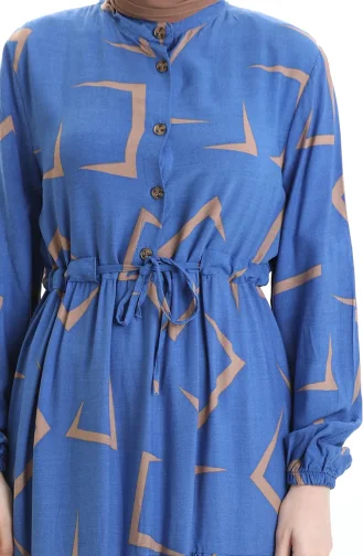 فستان منقوش بأزرار وخصر مربوط 2109-03 أزرق بيج 2109-03