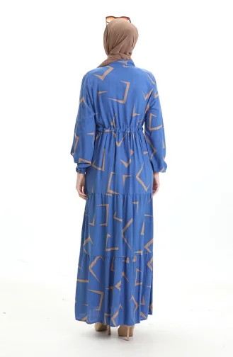فستان منقوش بأزرار وخصر مربوط 2109-03 أزرق بيج 2109-03