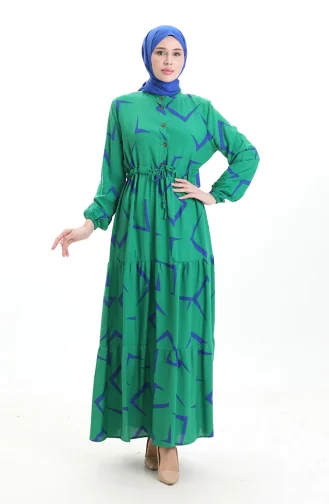 Beli Bağcıklı Düğmeli Desenli Elbise 2109-04 Zümrüt Yeşili Saks